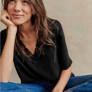 Sezane Black Lace V-Neck Blouse